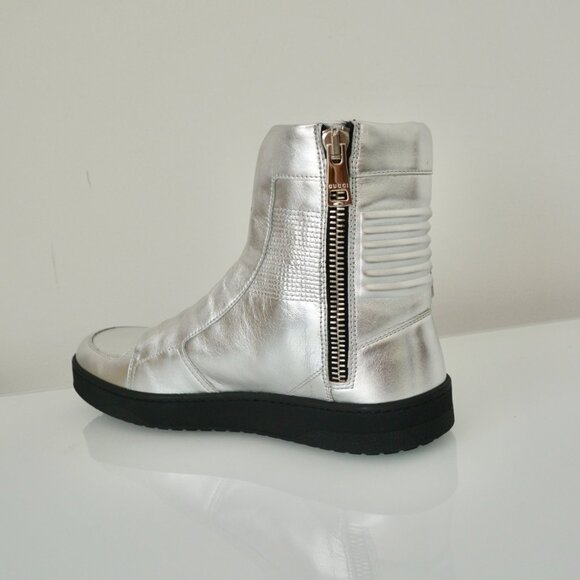 NIB GUCCI MENS HITOP LEATHER METALLIC SILVER SNEAKERS - Picture 4 of 9
